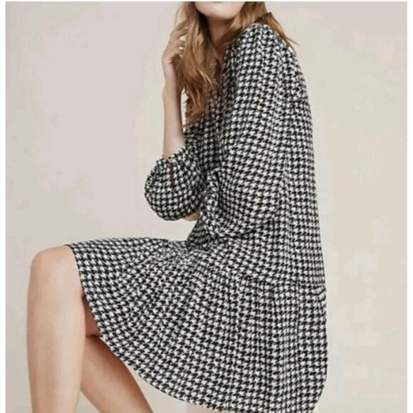 Anthropologie Maeve Size S Sterling Houndstooth Tunic Dress Ballon Sleeve Boho - Picture 2 of 16